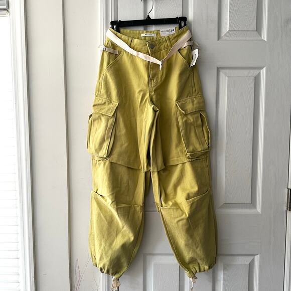 PacSun NWT Jayde Balloon Cargo Yellow Baggy Pants Waist 24 New With Canvas Belt - Picture 6 of 14